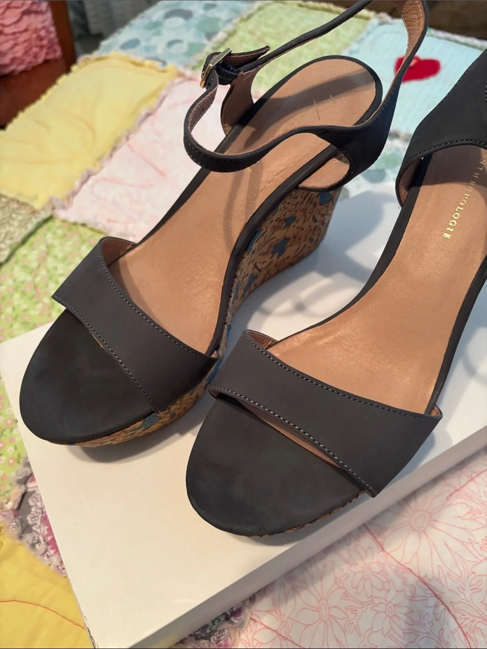 Anthropologie Blue Suede Platform Wedge Sandals with Patterned Cork Heel